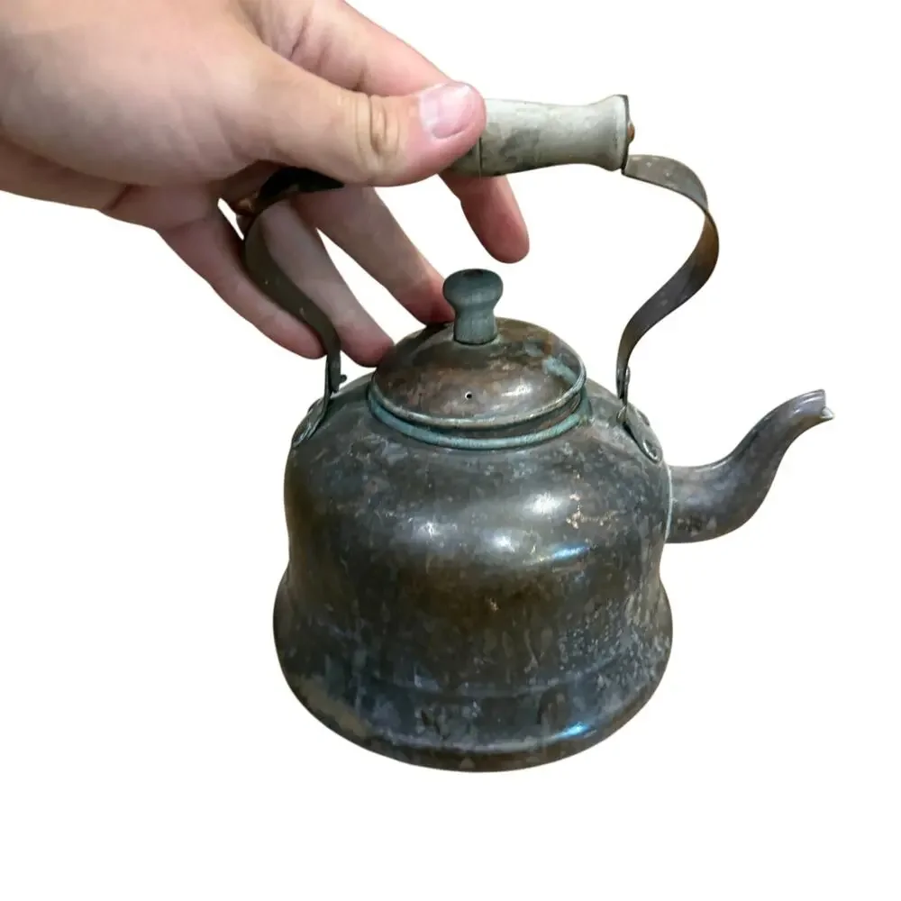 Vintage ODI Portugal Copper Tea Pot Kettle With Wooden Wood Handle & Lid Knob